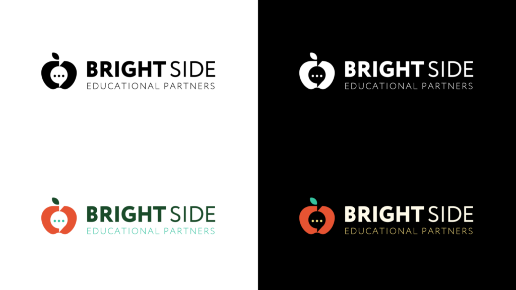 Brightside Educational Partners Branding, logotype with apple mark on dark and light backgrounds, full color and one color