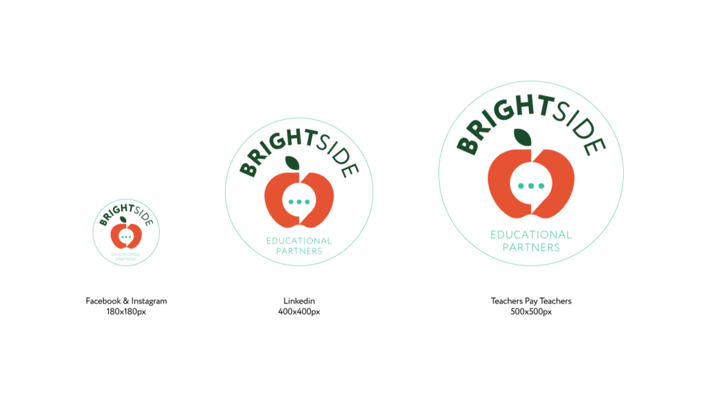 Brightside Educational Partners Branding, social media profile photos. Facebook and instagram, linkedin, and teachers pay teachers. Red apple mark with "Brightside" in an arc above "educational partners" below.