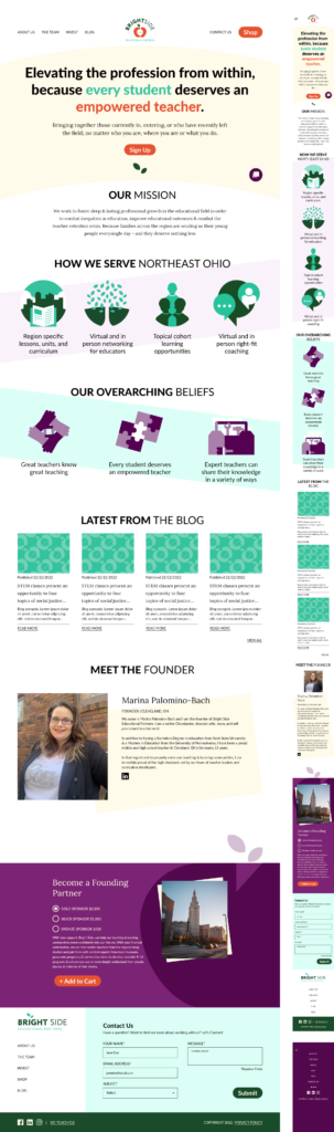 Brightside Educational Partners Branding, homepage design with navigation, call to action, mission, how we serve, founding beliefs, latest from the blog, meet the founder, become a founding member, and footer with newsletter sign up