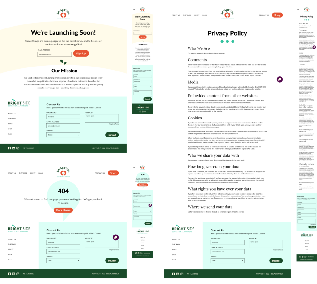 Brightside Educational Partners Branding, initial landing page, 404 page, and privacy policy
