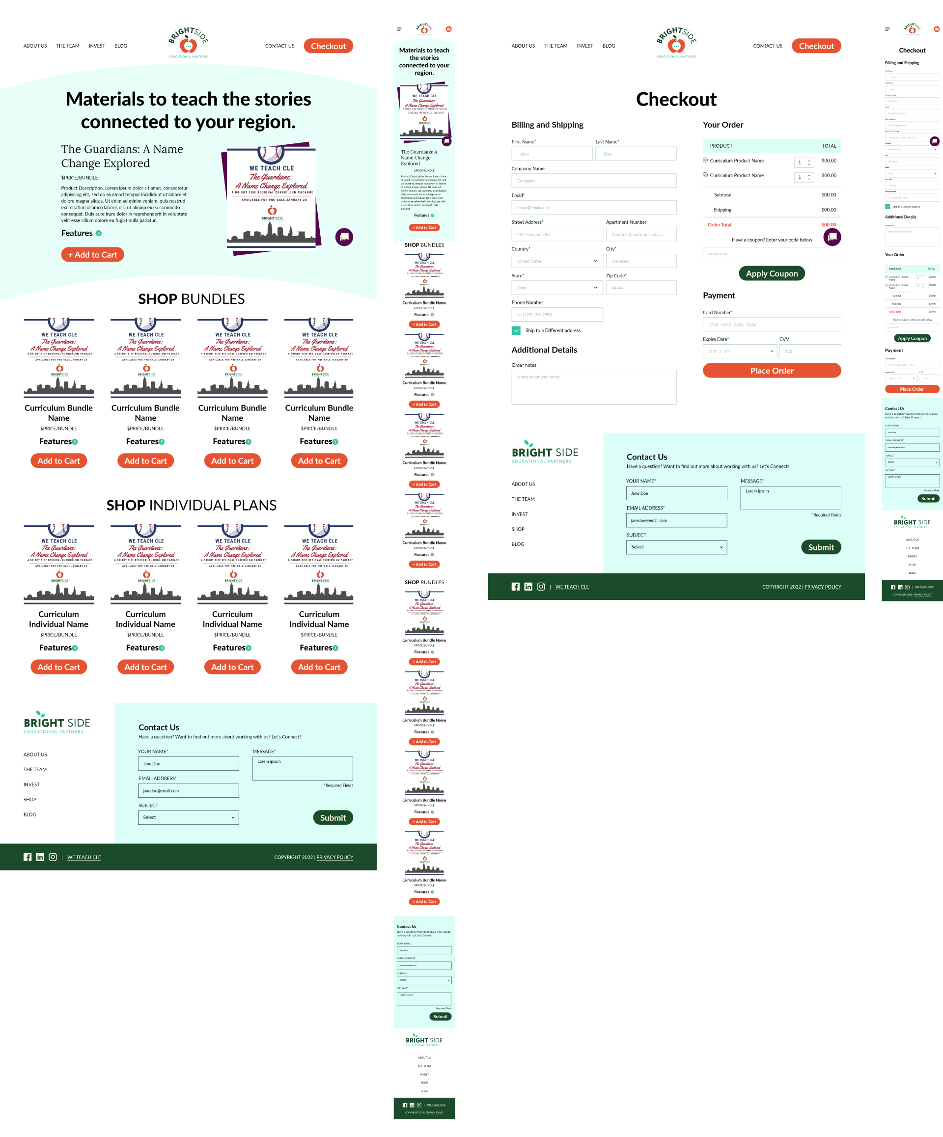 Brightside Educational Partners Branding, shop pages, main curriculum bundles, and checkout flow