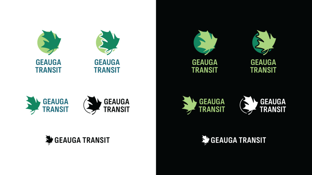 Geauga Transit Logo, version 1 logo lock-up with name, full-color and one-color on light and dark background