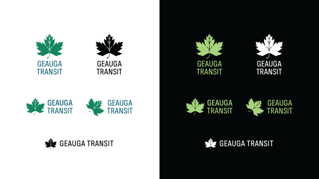 Geauga Transit Logo, version 2 logo lock-up with name, full-color and one-color on light and dark background