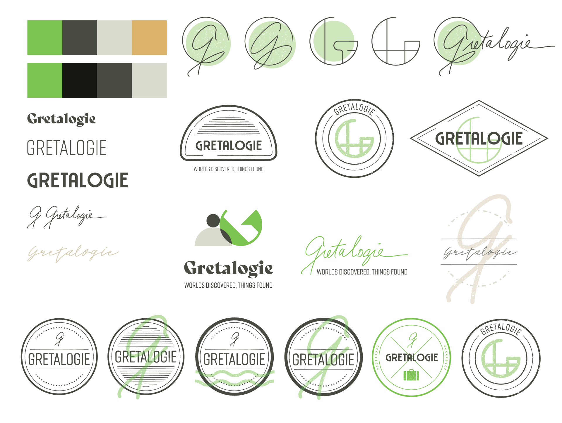 Gretalogie, round 1 of logo concepts all. Type, color, mark.