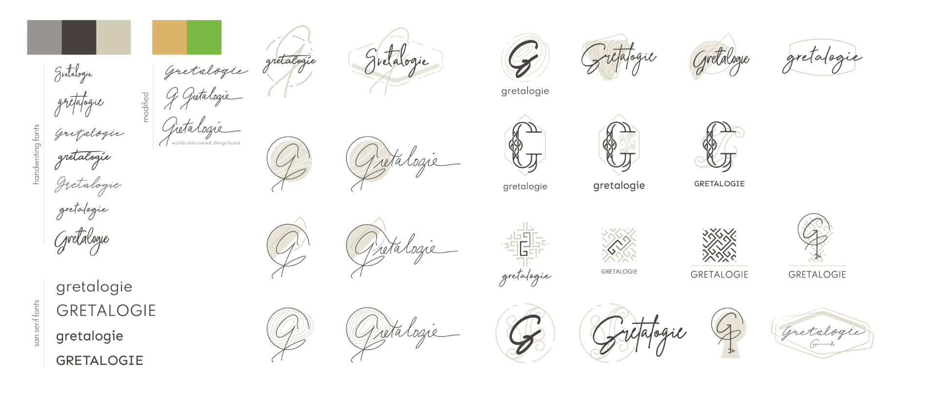 Gretalogie, round 2 of logo concepts all. Type, color, mark.