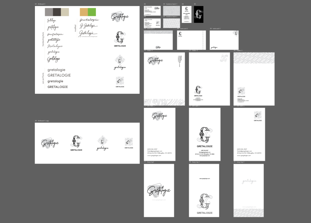 Gretalogie, round 3 of logo concepts all. Type, color, mark, artboards for stationary and business card designs.
