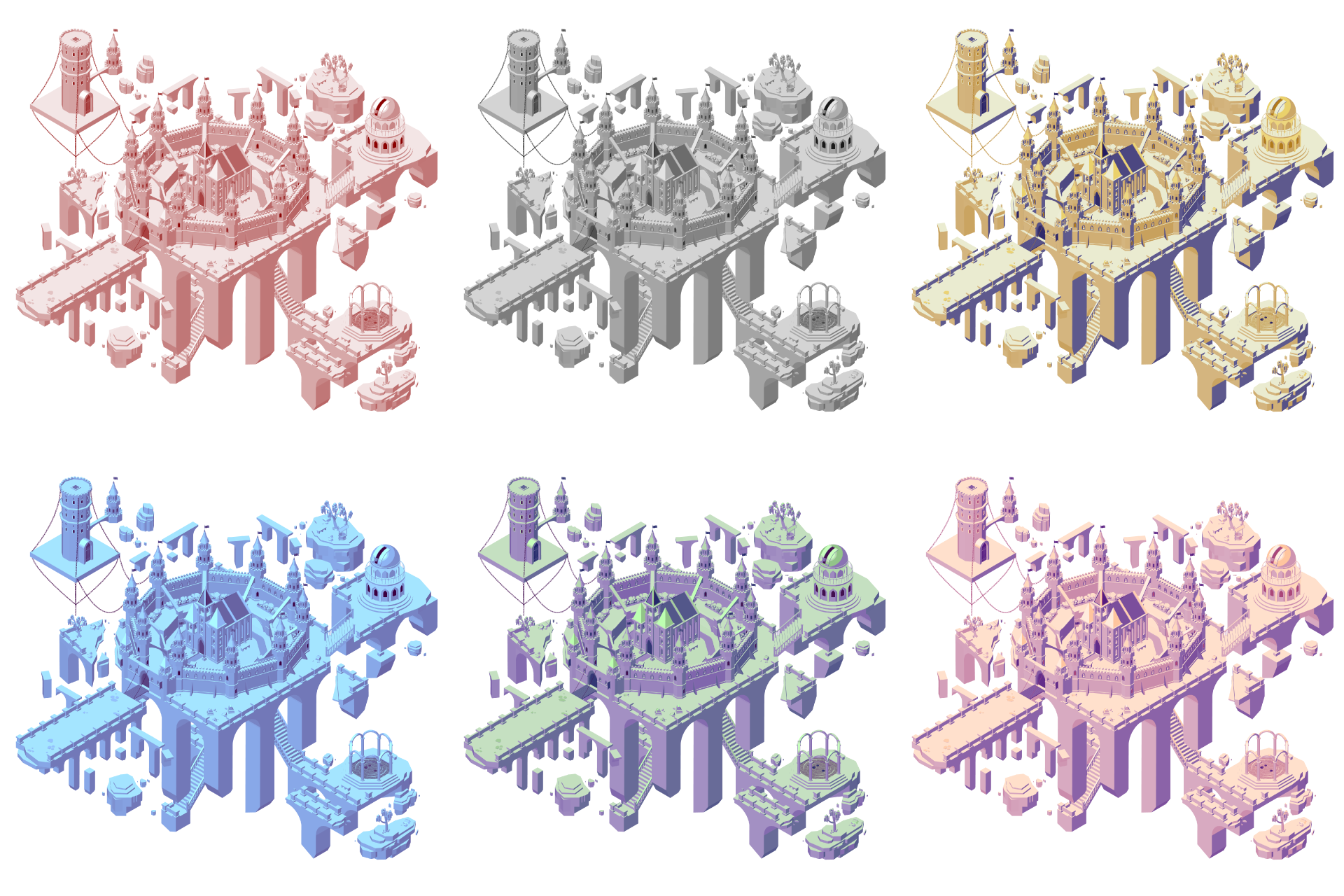 Isometric Floating Castle Courtyard, color options from top to bottom left to right, red original, grayscale, yellow and blue, blue, green and purple, purple and orange.