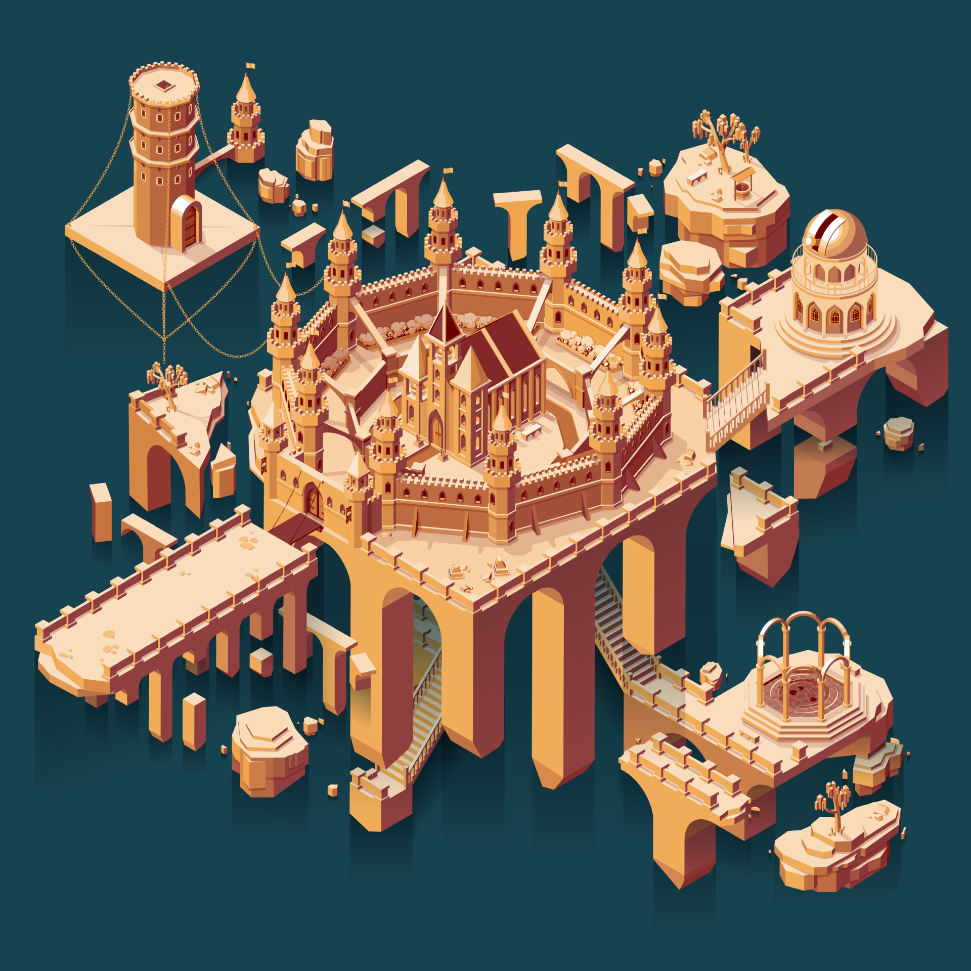 Isometric Floating Castle Courtyard, final art, orange and red on blue background. Floating islands with buildings. Circular courtyard with castle surrounded by turrets. Separate walkway with drawbridge connected to central courtyard. Prison tower top left. Observatory middle right. Fountain bottom right.