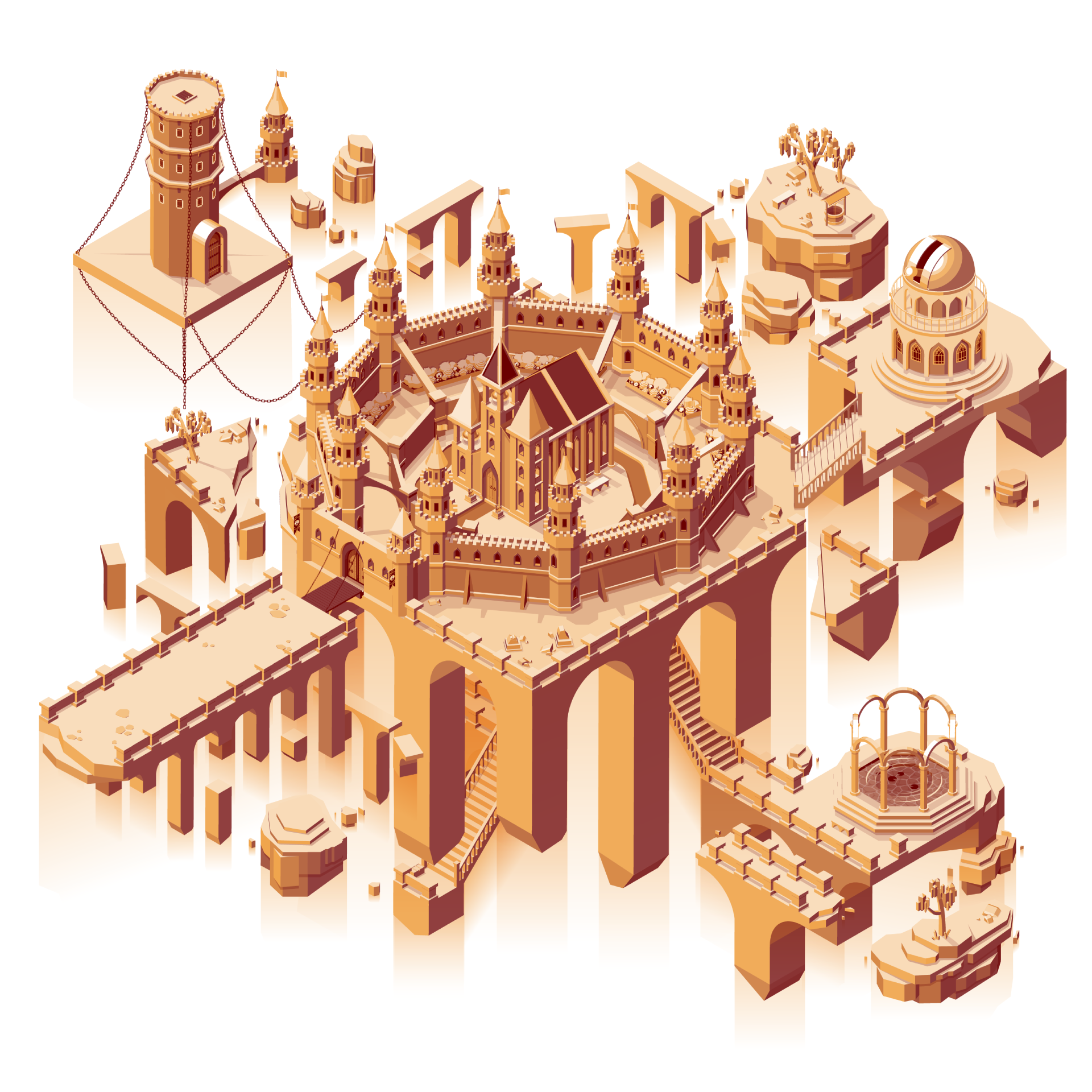 Isometric Floating Castle Courtyard, final art, orange and red on white background. Floating islands with buildings. Circular courtyard with castle surrounded by turrets. Separate walkway with drawbridge connected to central courtyard. Prison tower top left. Observatory middle right. Fountain bottom right.