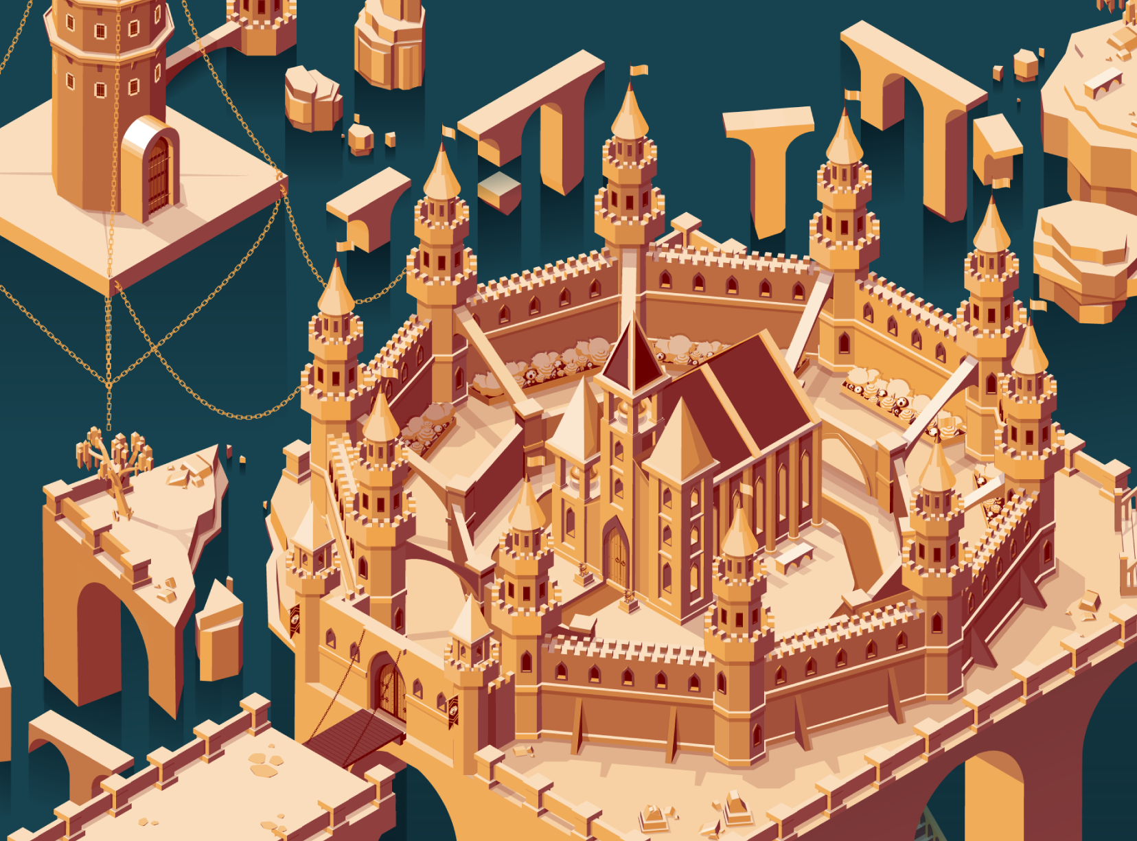Isometric Floating Castle Courtyard. March 2026