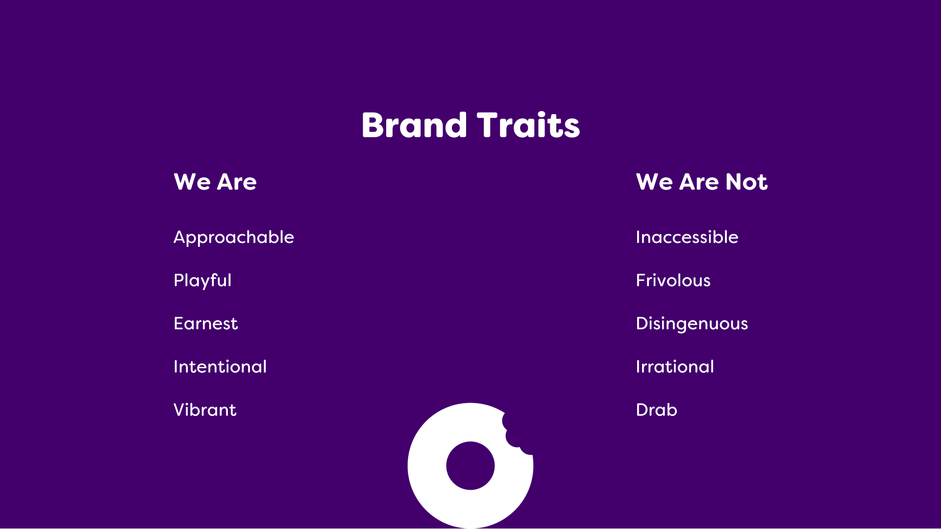 Jack Watson Branding, Brand Traits. We are: approachable, playful, earnest, intentional, vibrant. We are not: inaccessible, frivolous, disingenuous, irrational, drab.