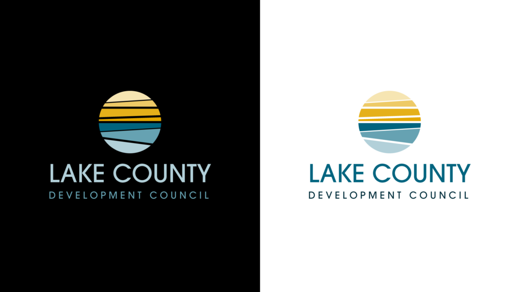LCDC branding, version 1, vertical lock-up, stacked sea-glass concept on light and dark backgrounds. Blue, teal, gold color palette.