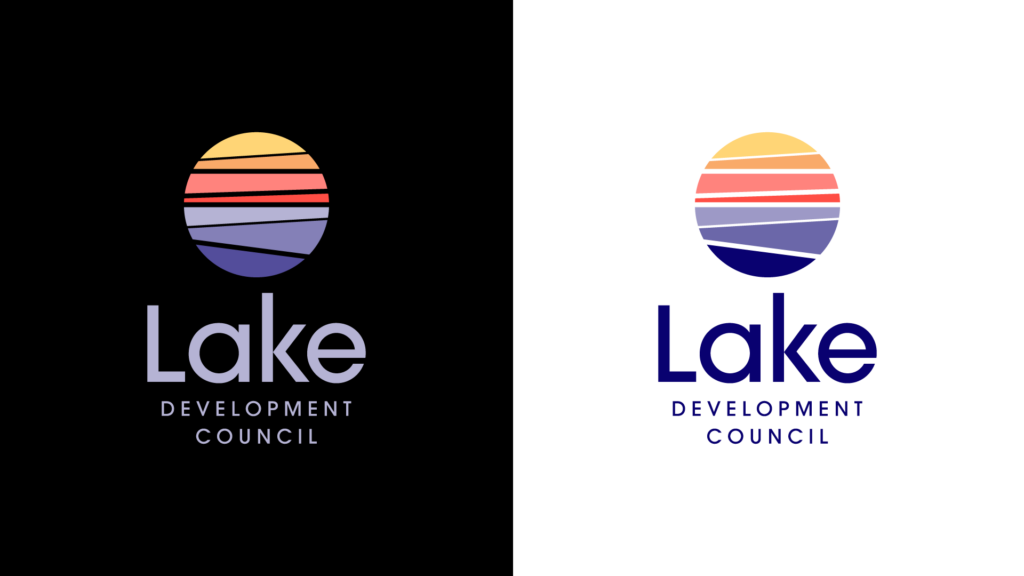 LCDC branding, version 1, vertical lock-up, stacked sea-glass concept on light and dark backgrounds. Purple, orange, gold color palette.
