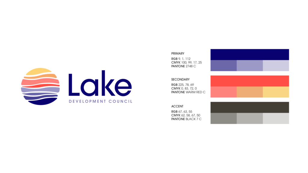 LCDC branding, version 2, horizontal lock-up, stacked sea-glass inside of a circle representing a landscape. More organic rounded edges. Purple, orange, gold color palette on the right.