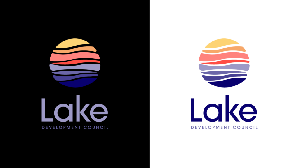 LCDC branding, version 1, vertical lock-up, stacked sea-glass concept on light and dark backgrounds. More organic rounded edges. Purple, orange, gold color palette.