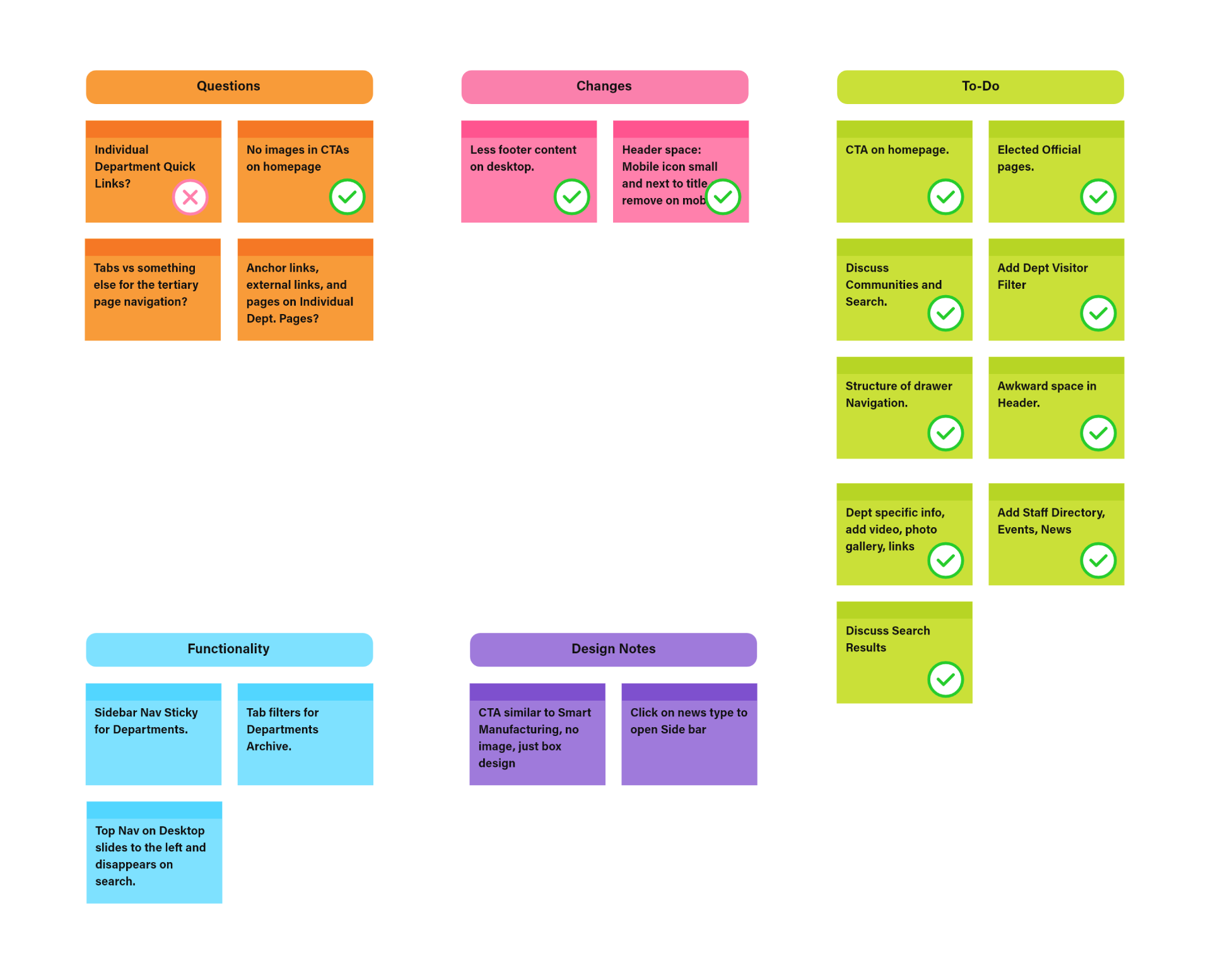Lake County Ohio Website, notes color coded for questions, changes, to-do, functionality, design notes