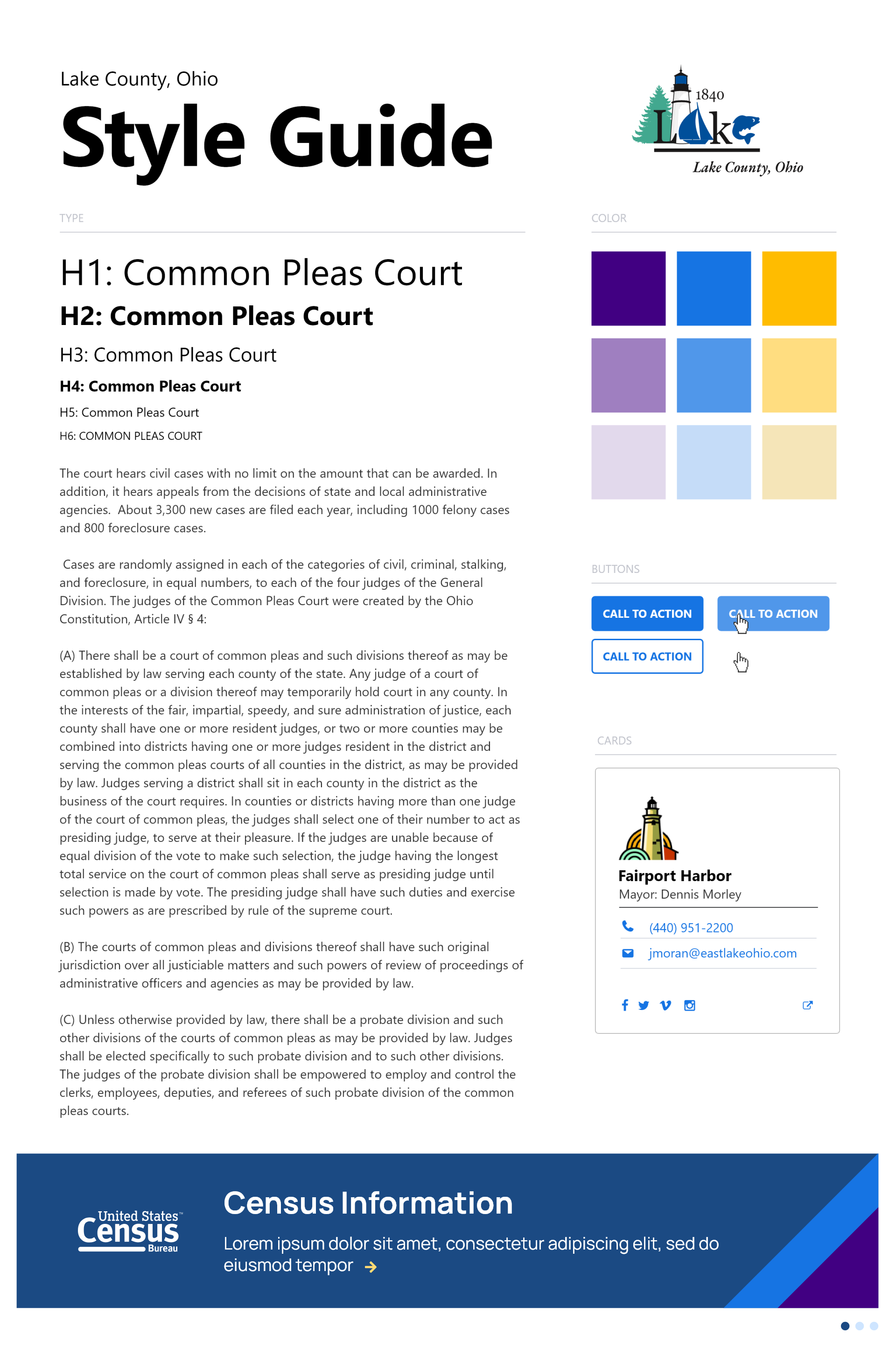 Lake County Ohio Website, Style Guide, Type styles, color, button styles, card styles