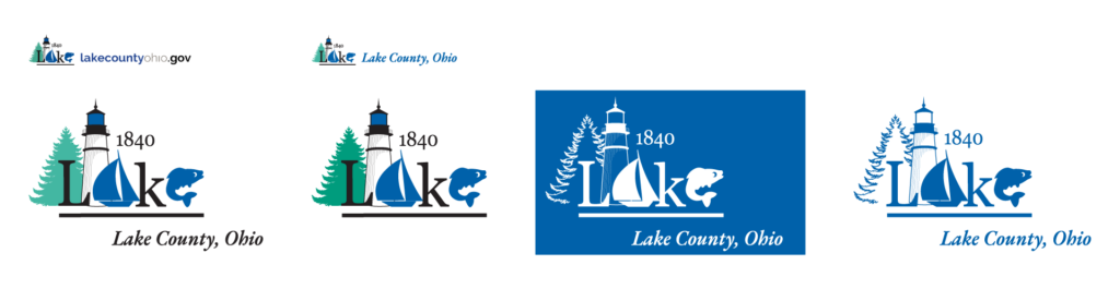 Lake County Ohio Website, branding update, top left logo for website, top right original logo, bottom row left to right, original logo, one color on dark and light backgrounds.