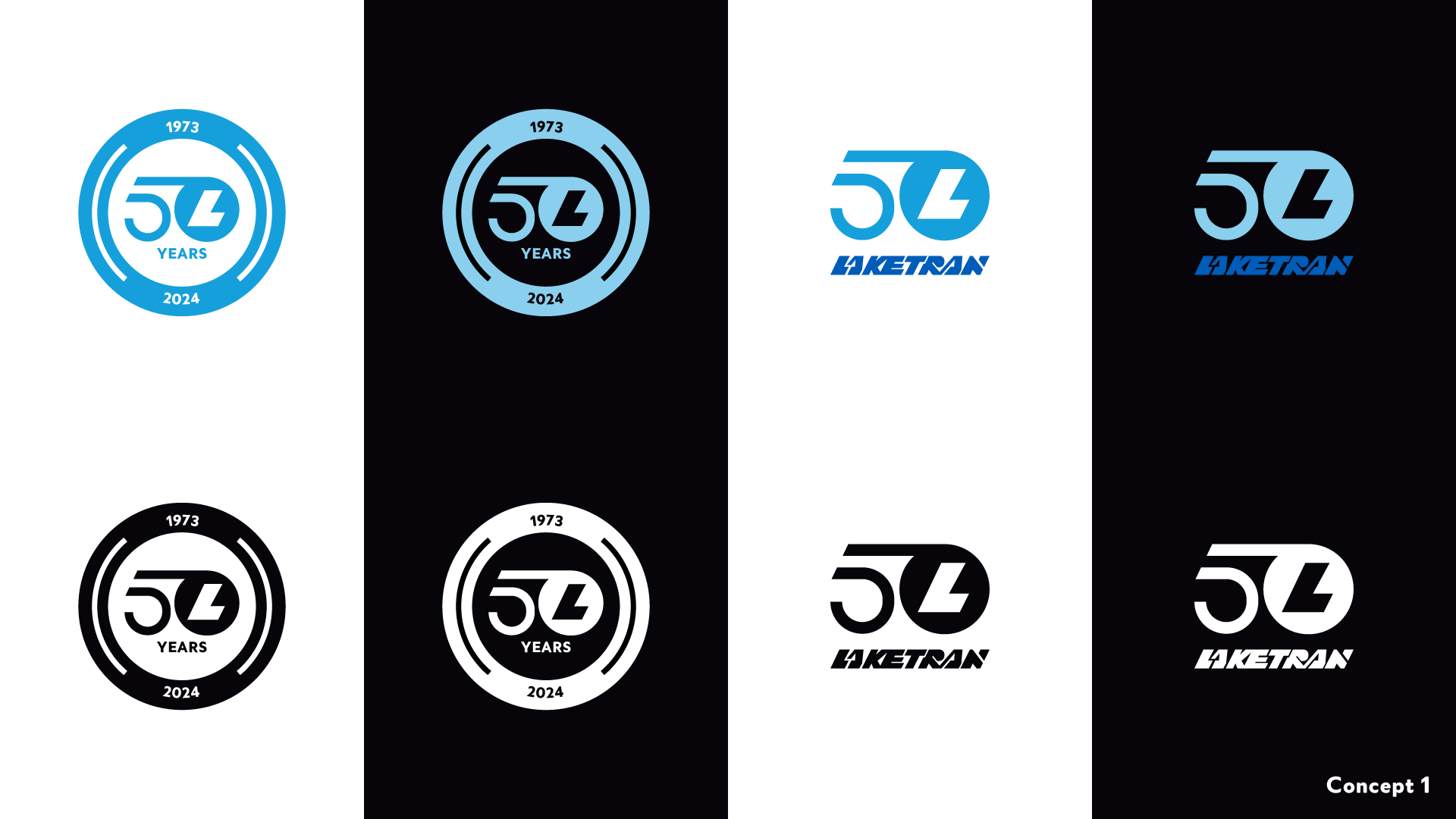 Laketran 50th Anniversary Emblem, concept 1, 2 variations, 1-color and full-color on light and dark backgrounds