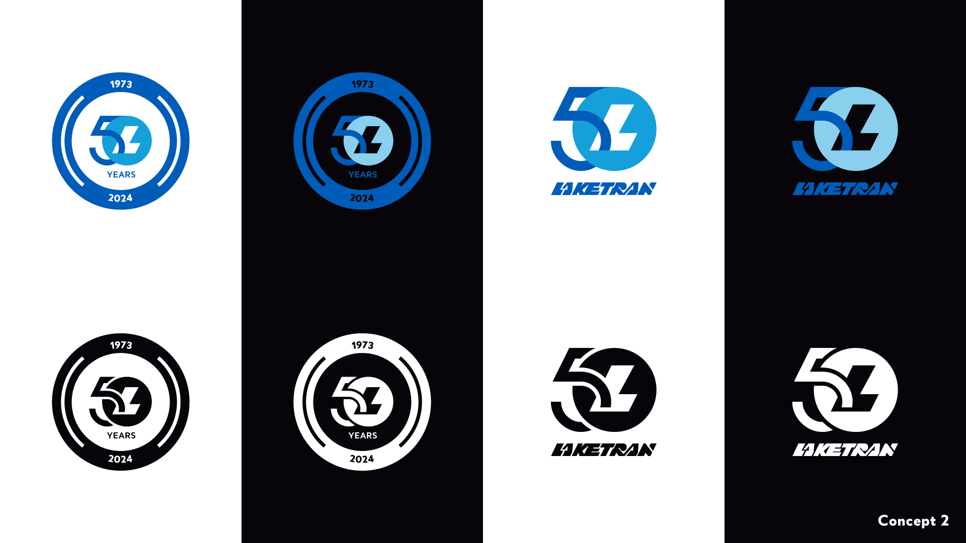 Laketran 50th Anniversary Emblem, concept 2, 2 variations, 1-color and full-color on light and dark backgrounds