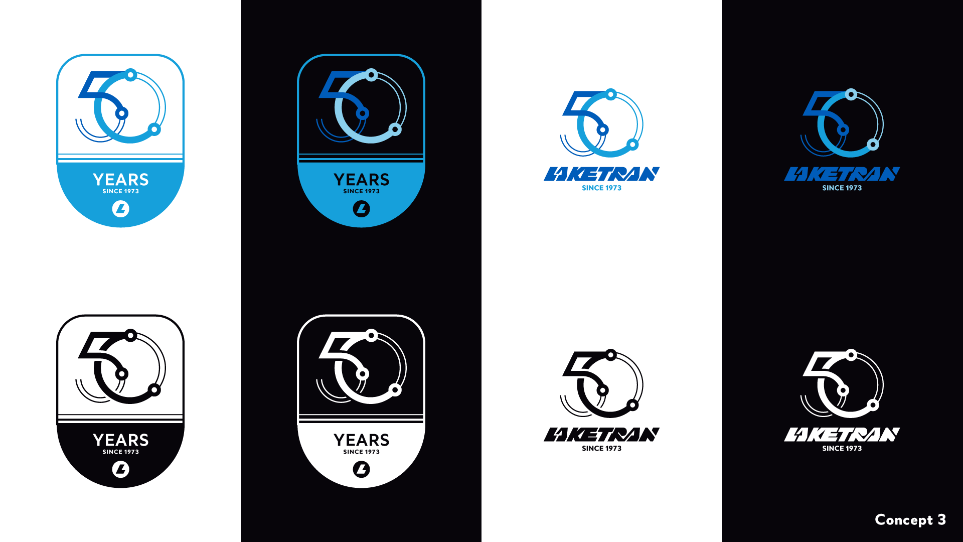 Laketran 50th Anniversary Emblem, concept 3, 2 variations, 1-color and full-color on light and dark backgrounds