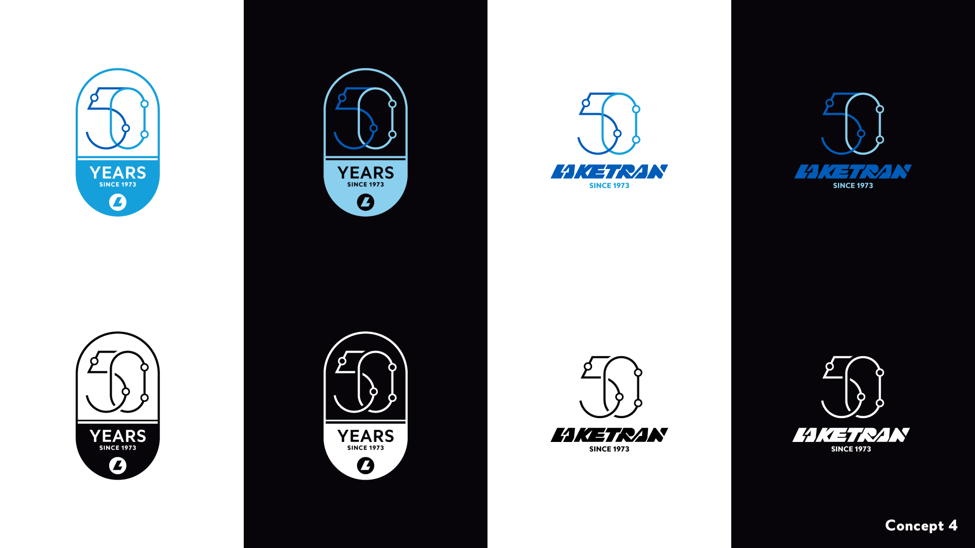 Laketran 50th Anniversary Emblem, concept 4, 2 variations, 1-color and full-color on light and dark backgrounds