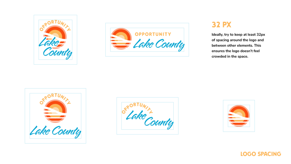 Opportunity Lake County Branding, Logo clear space, 32px around the logo and between other elements.