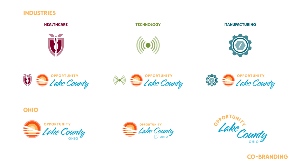 Opportunity Lake County Branding, Cobranding, horizontal stacked full color and 1 color on dark and light backgrounds with icons for healthcare, technology, and manufacturing.