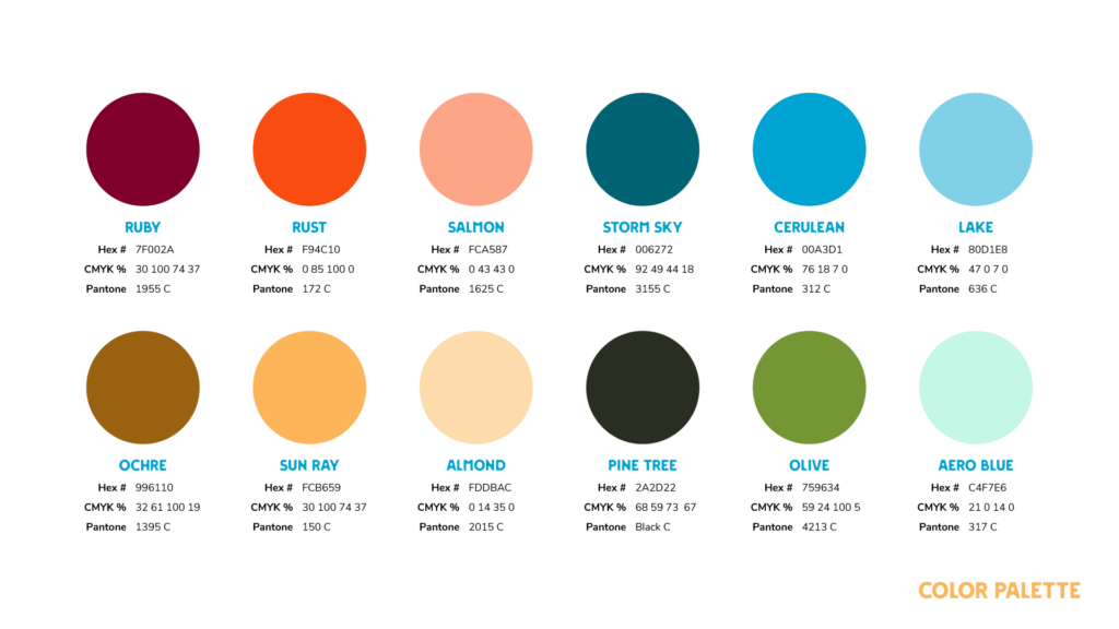 Opportunity Lake County Branding, Logotype, color palette. Ruby, Rust, Salmon, Storm Sky, Cerulean, Lake, Ochre, Sun Ray, Almond, Pine Tree, Olive, Aero Blue