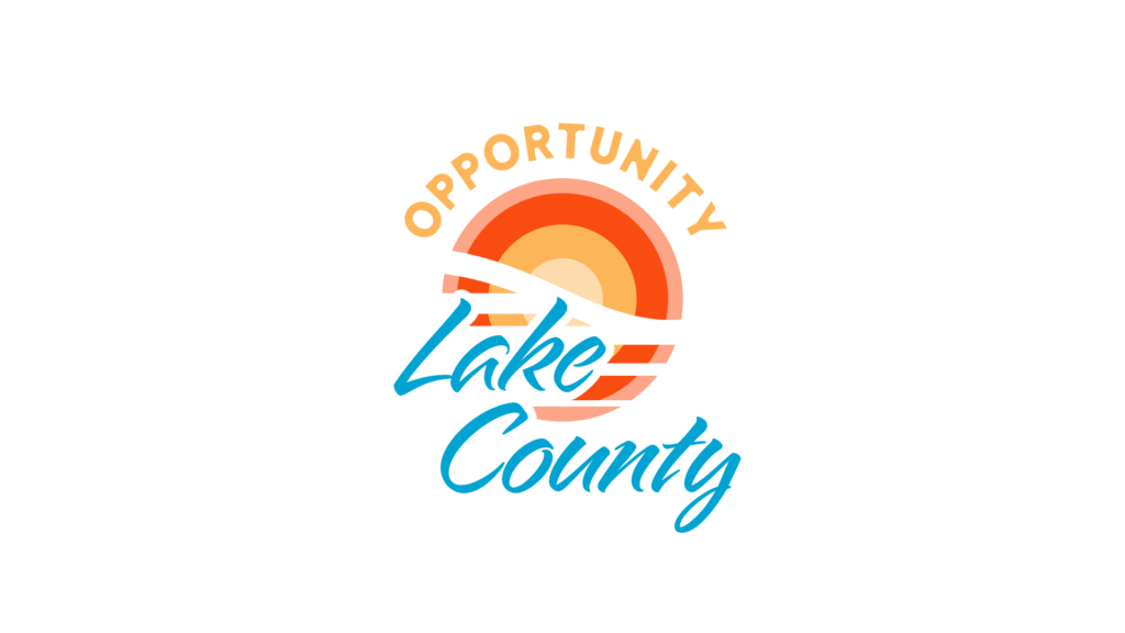Opportunity Lake County Branding, Final logo, Sunset and wave negative space design in a circle, Opportunity text arch over mark, and Lake County cut out from mark underneath.