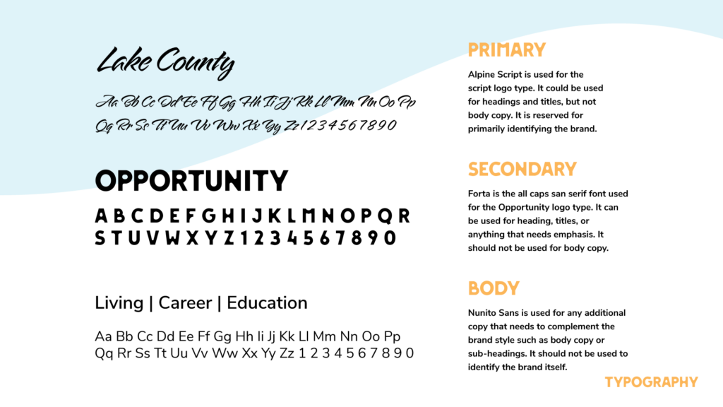 Opportunity Lake County Branding, fonts. Primary alpine script, secondary forta, body copy nunito sans.