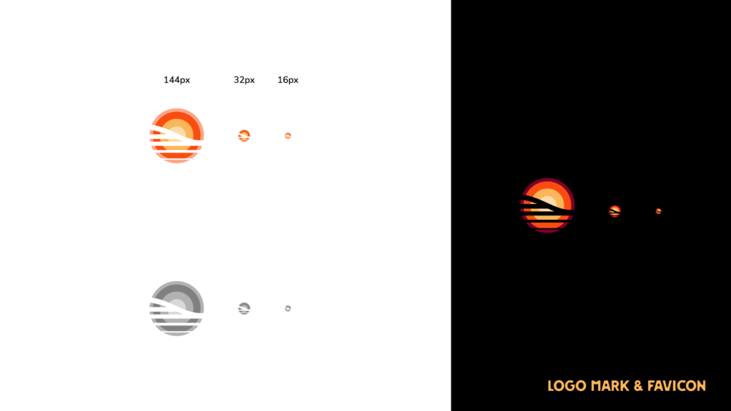 Opportunity Lake County Branding, Logomark and favicon, full color and 1 color on light and dark backgrounds. Sunset and wave negative space design in a circle.
