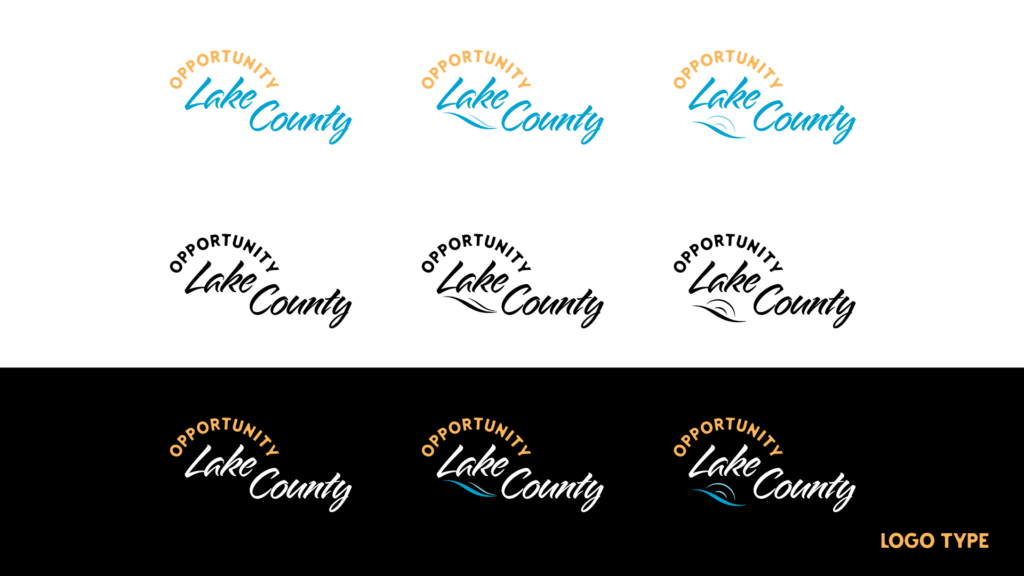 Opportunity Lake County Branding, Logotype, horizontal stacked full color and 1 color on dark and light backgrounds with wave icon.