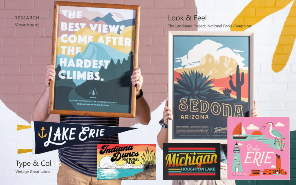 Opportunity Lake County Branding, Moodboard, Look and feel, vintage Great Lakes and National Parks Campaign.