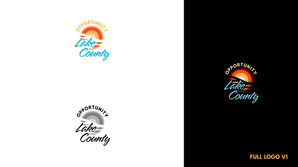 Opportunity Lake County Branding, Primary logo version 1, badge vertical stacked full color and 1 color on dark and light backgrounds.