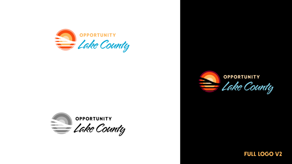 Opportunity Lake County Branding, Primary logo version 2, horizontal full color and 1 color on dark and light backgrounds.