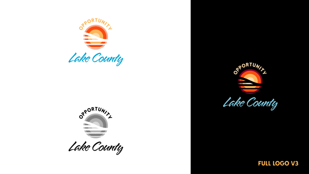 Opportunity Lake County Branding, Primary logo version 3, vertical stacked full color and 1 color on dark and light backgrounds.