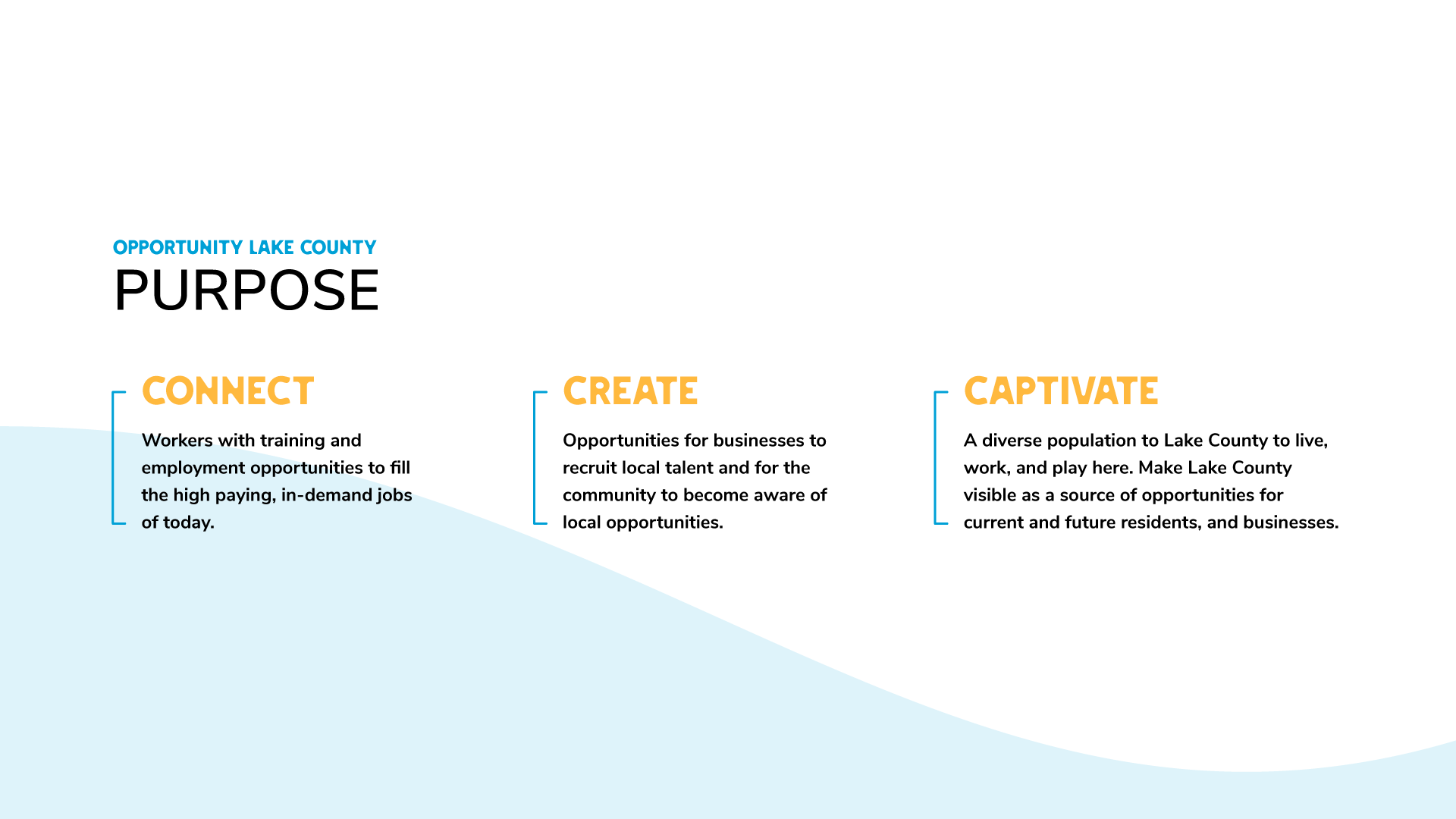 Opportunity Lake County Branding, Purpose, Connect, connect workers with training and employment opportunities to fill high paying, in-demand jobs of today. Create, create opportunities for businesses to recruit local talent and for the community to become aware of local opportunities. Captivate, captivate a diverse population to Lake County to live, work, and play here. Make Lake County visible as a source of opportunities for current and future residents, and businesses.