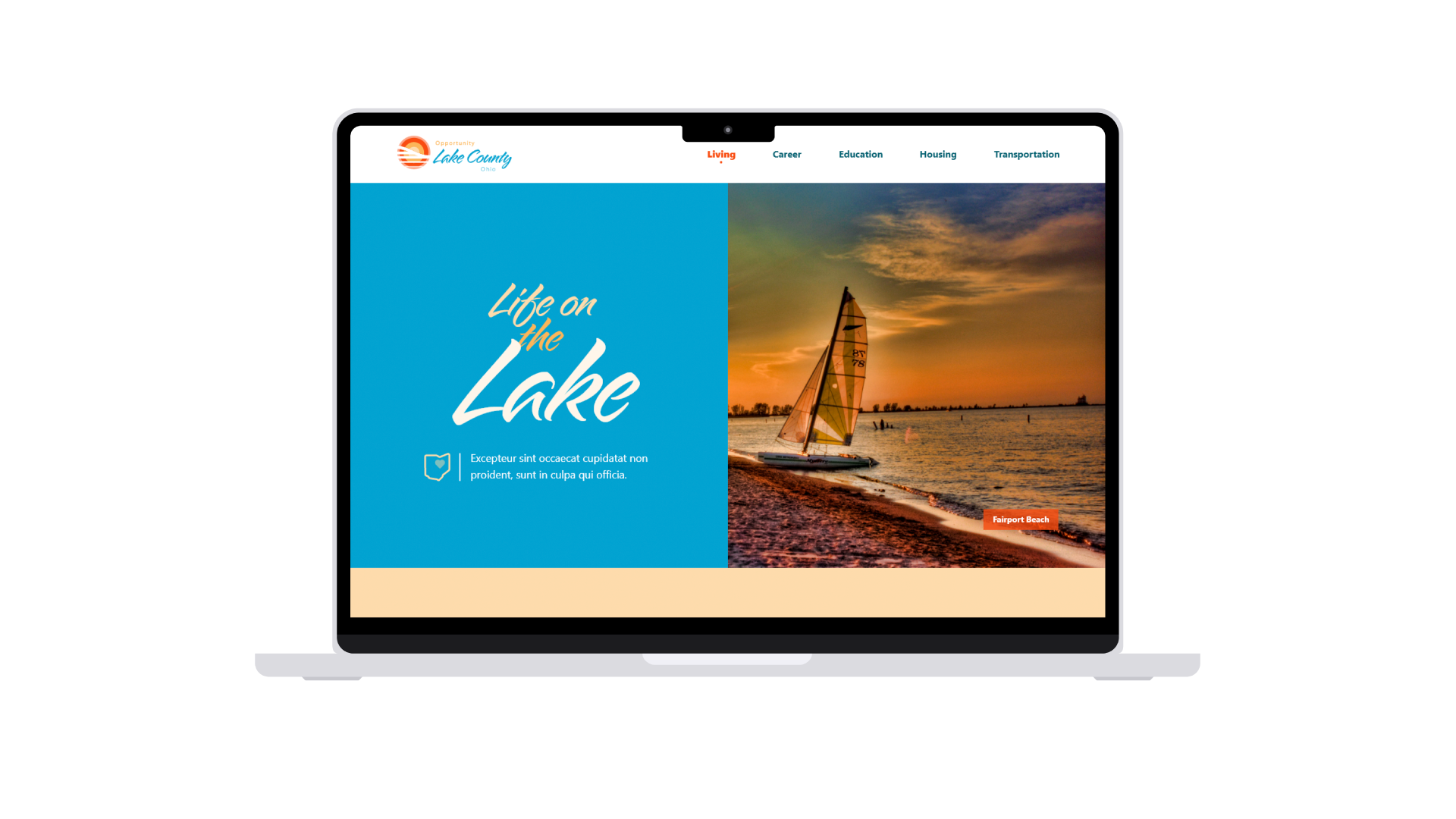 Opportunity Lake County Website, mock-up of lifestyle page, main navigation, life on the lake text and Fairport Beach photo.