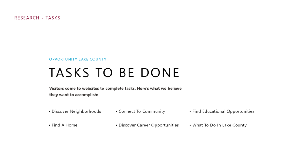 Opportunity Lake County Website, task to be done. Visitors come to the websites to complete tasks, here's what we believe they want to accomplish: Discover neighborhoods, connect to community, find educational opportunities, find a home, discover career opportunities, what to do in Lake County.