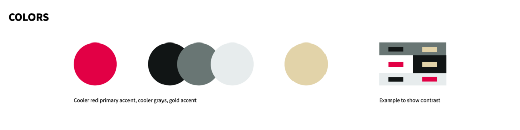 Roxie Website Redesign 2022, color palette, cooler red primary accent, cooler grays, gold accent with examples to show contrast