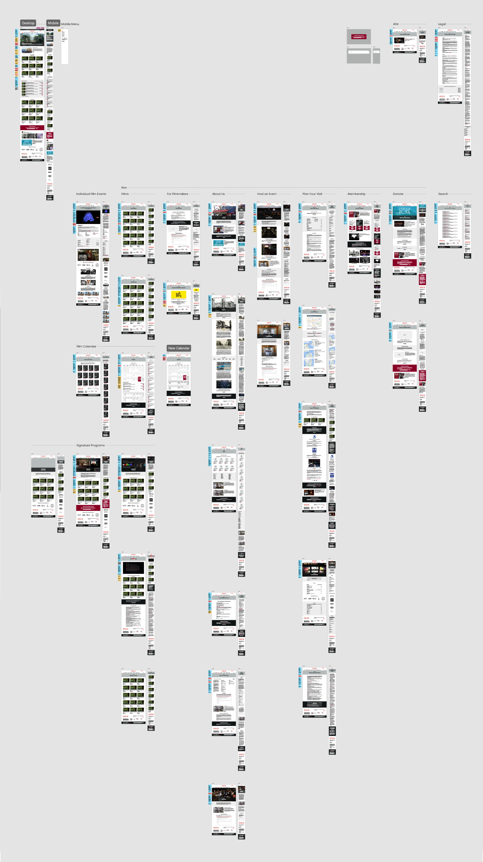 Roxie Website Redesign 2022, Final designs for all screens, organized by section