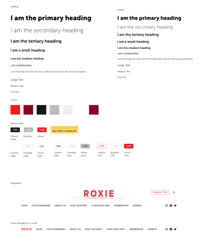Roxie Website Redesign 2022, style guide, desktop and mobile fonts. Color palette, button styles, navigation