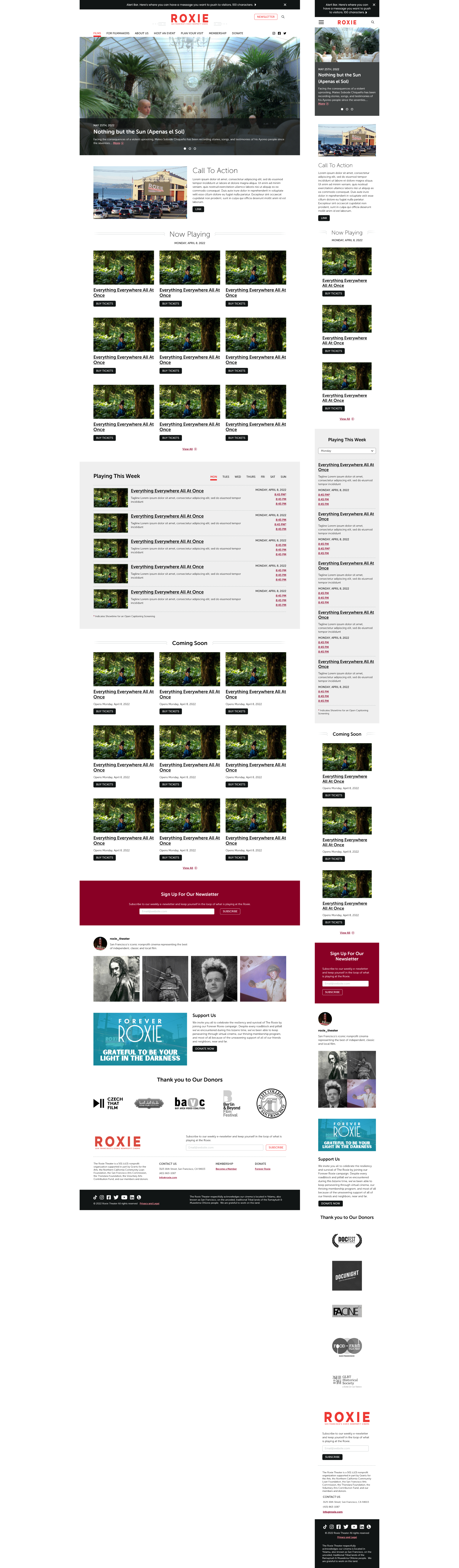 Roxie Website Redesign 2022, home page redesign on mobile and desktop.