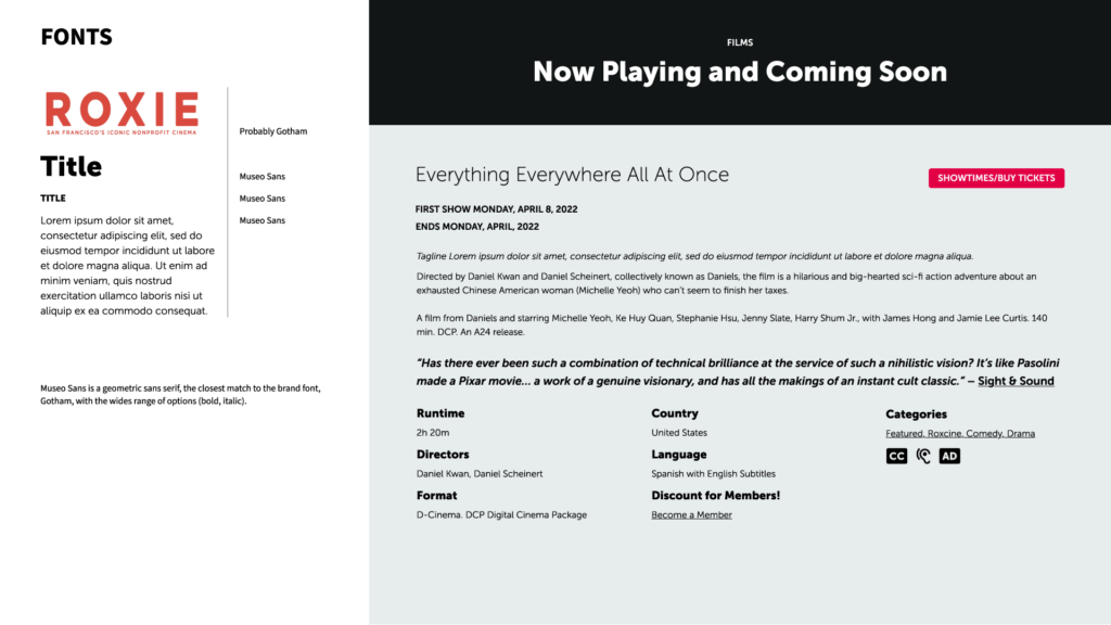 Roxie Website Redesign 2022, suggested font pairings and fonts alongside the branding.