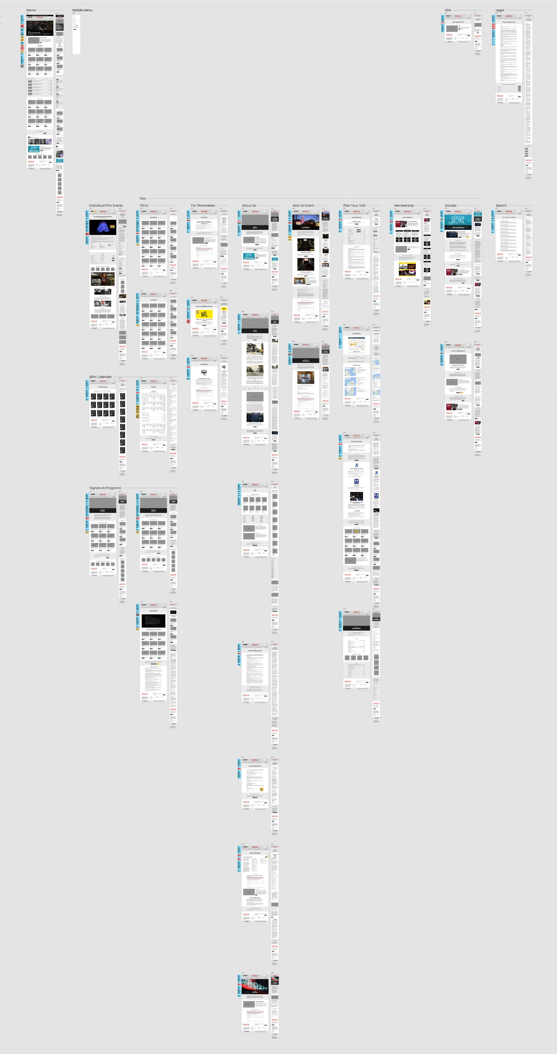 Roxie Website Redesign 2022, all wireframes with notes organized by section/navigation