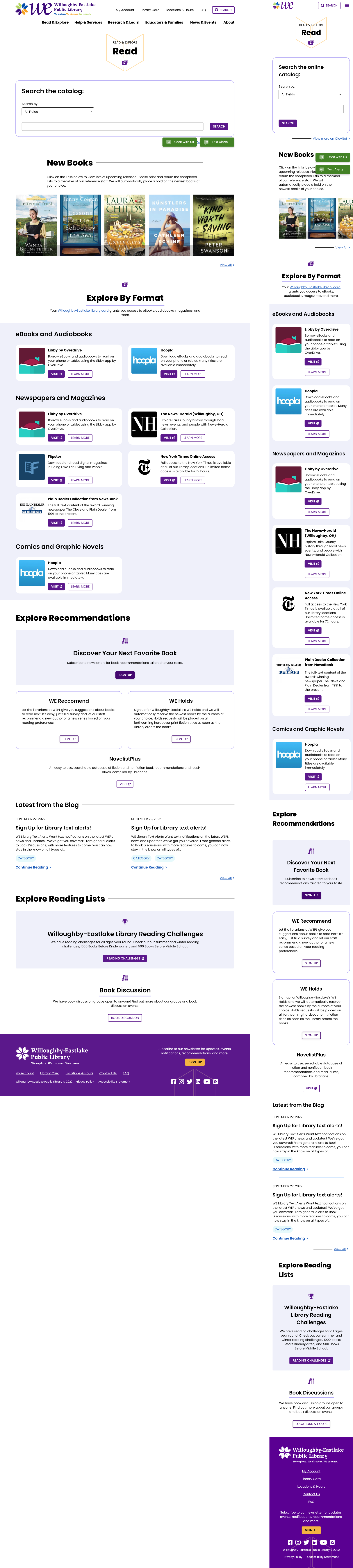 Willoughby-Eastlake Library Redesign 2023, home page final design on desktop and mobile.